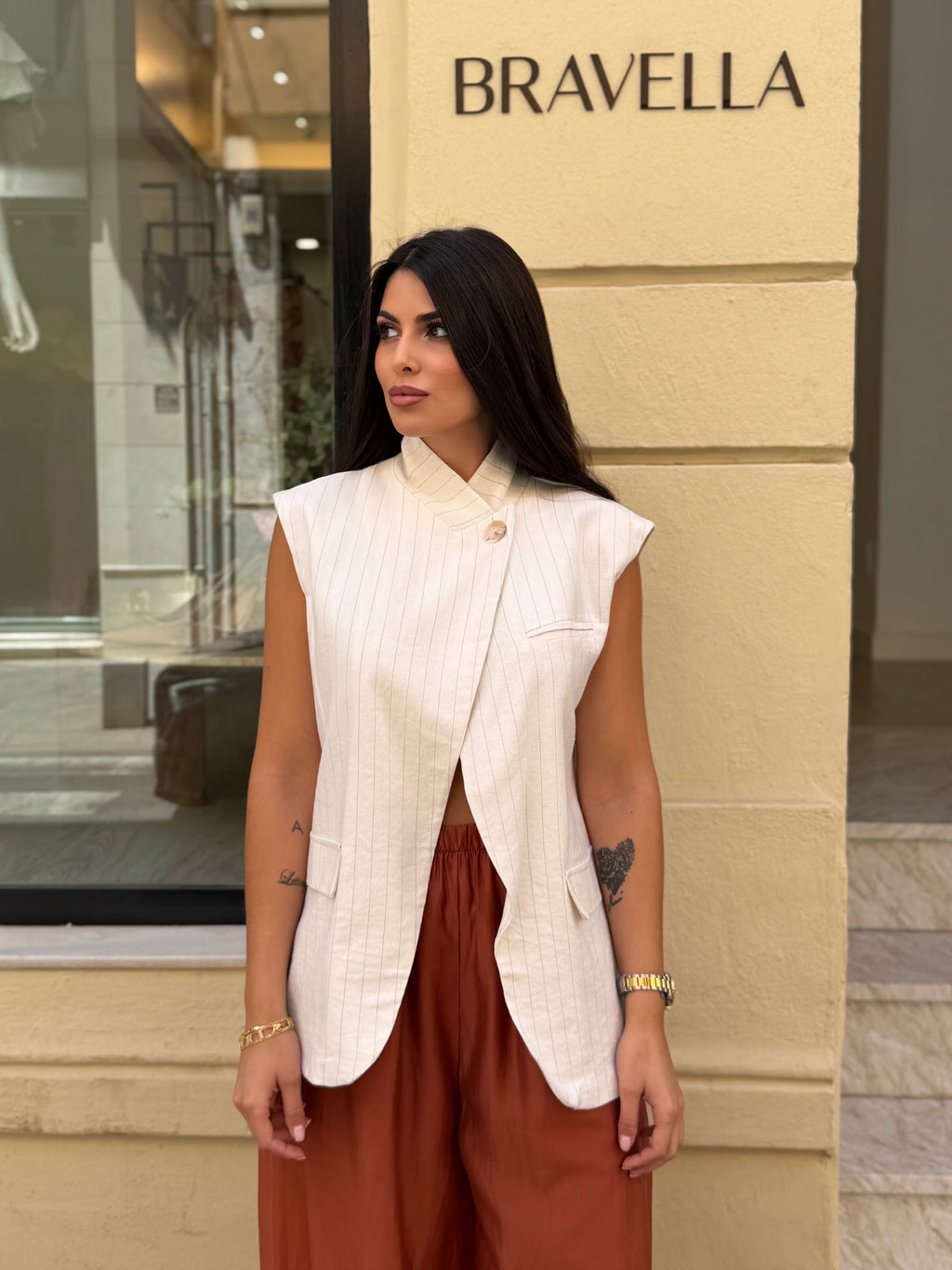 Chaleco lino rayas blanco