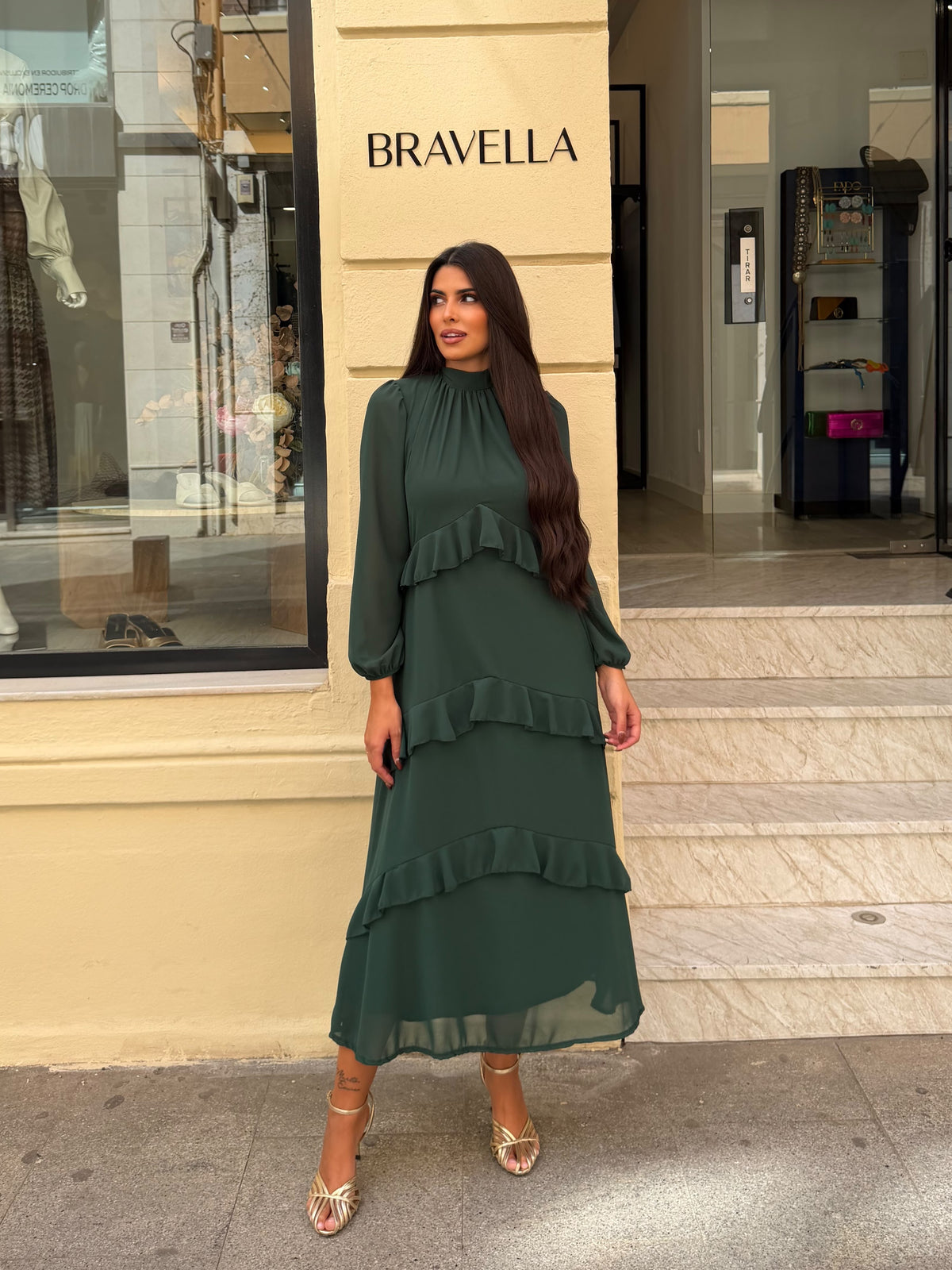 Vestido volante verde botella