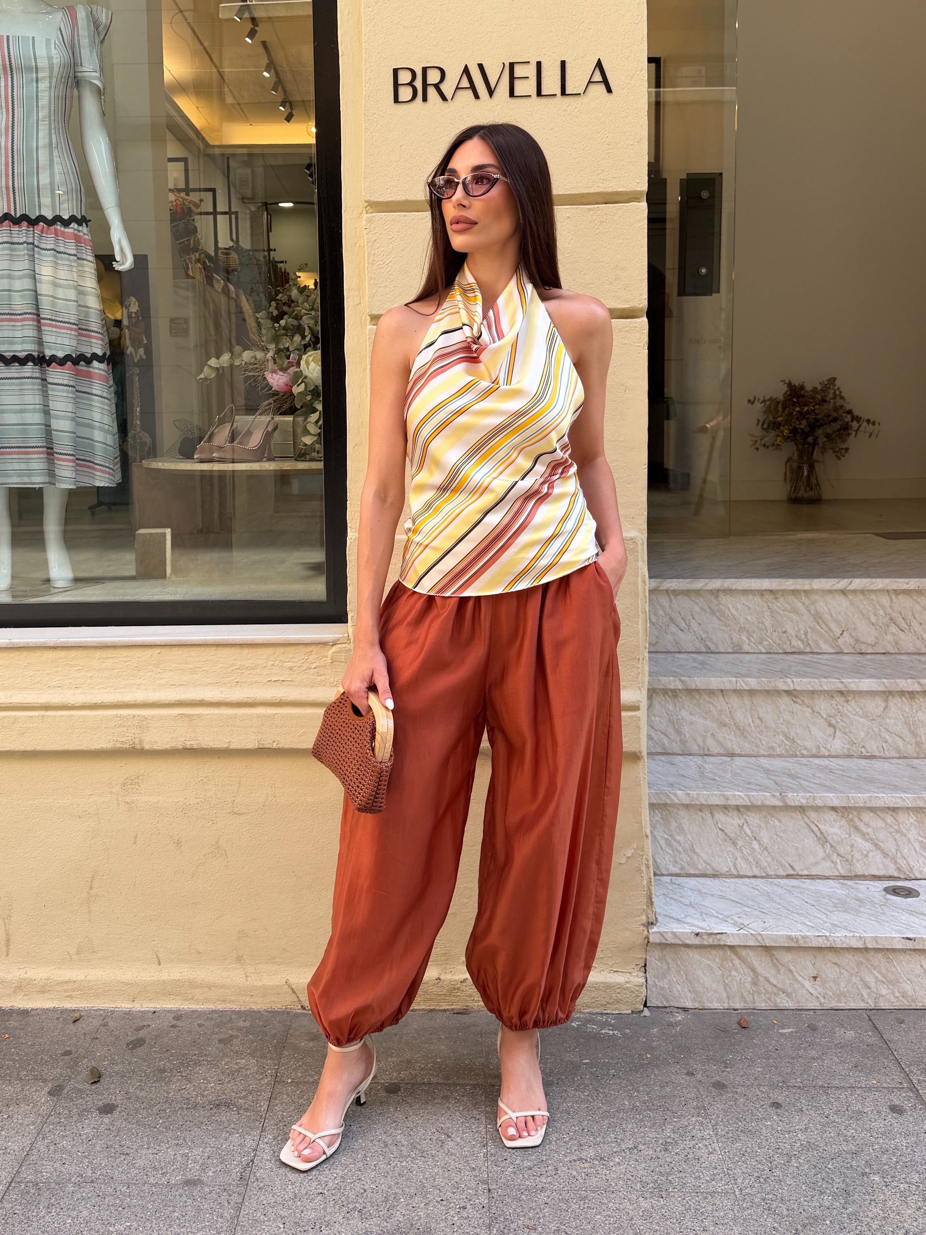 Top satinado halter rayas